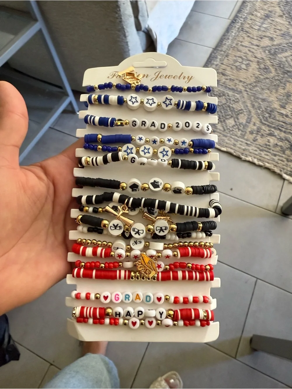 Kids Graduation Beaded Bracelet Set - Blue, Black & Red